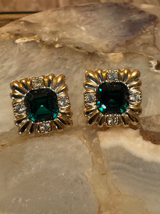 Vintage Avon square gold-plated earrings with a central emerald-cut green rhinestone accented by clear round stones