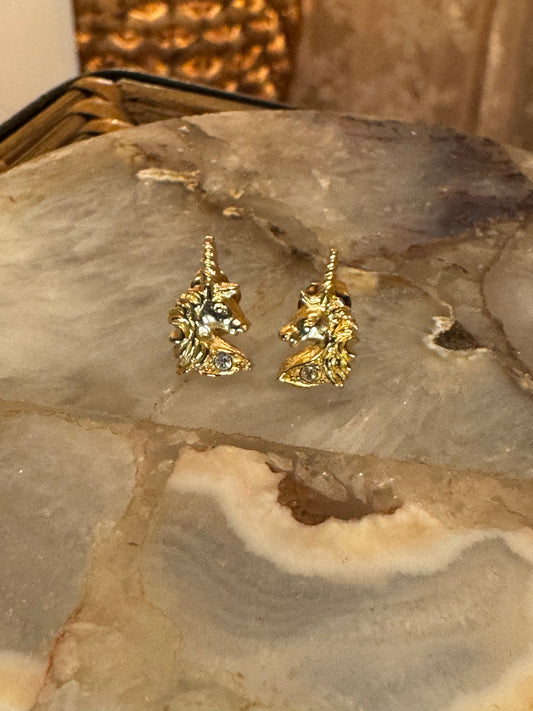 Gold Plated Unicorn Earrings with Clear Rhinestone Accents
