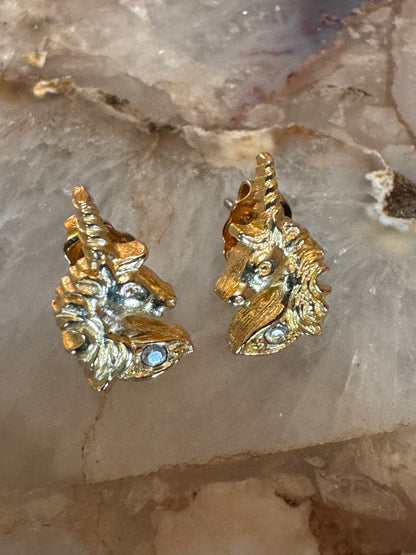 Gold Plated Unicorn Earrings with Clear Rhinestone Accents