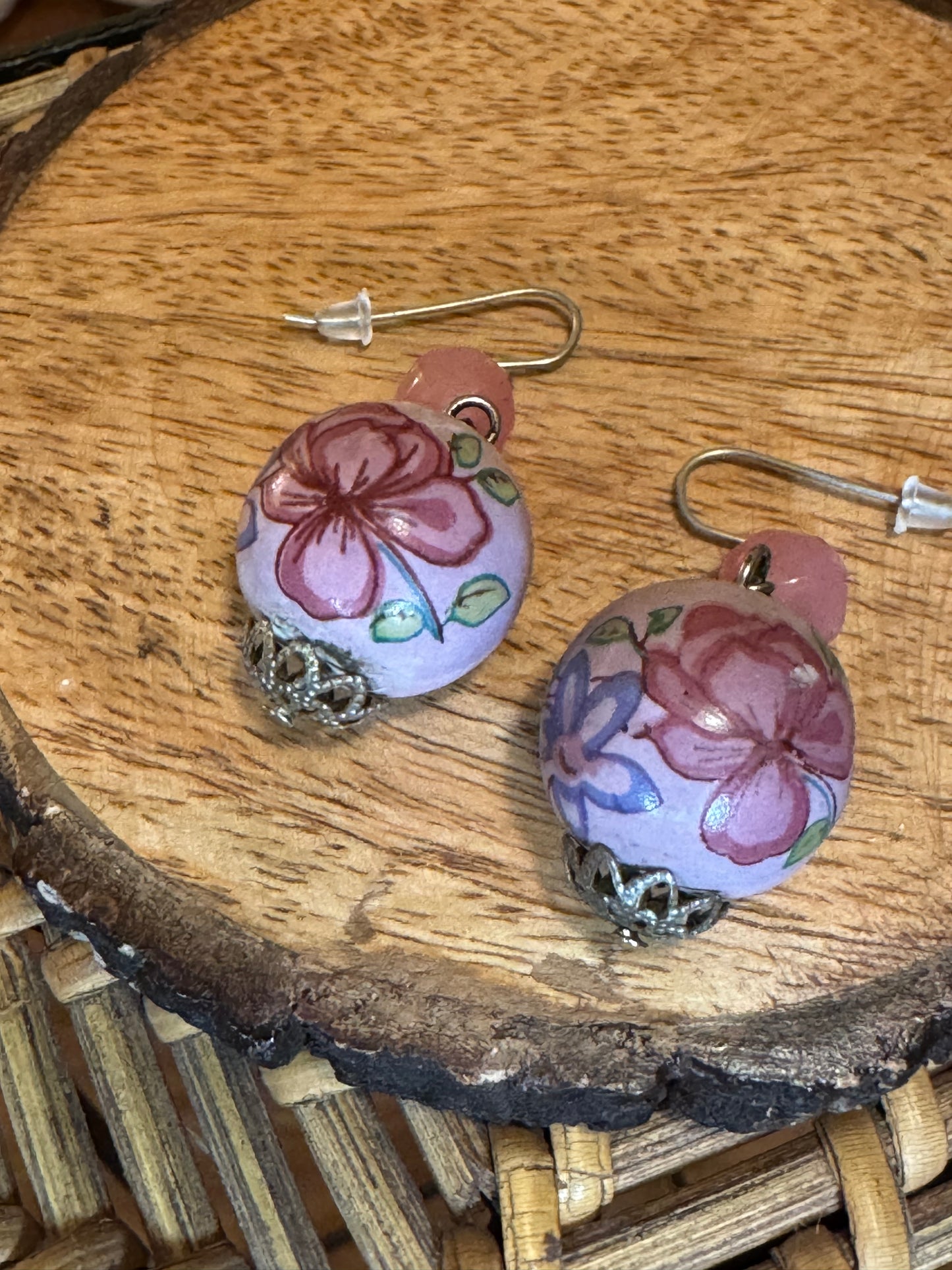 Vintage inspired dangle earrings featuring hand-painted porcelain beads with floral designs