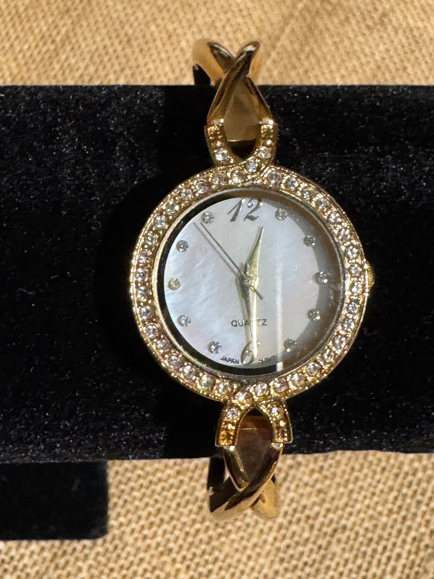 Vintage-Inspired Gold-Tone Crystal Bangle Watch — Mother-of-Pearl Dial