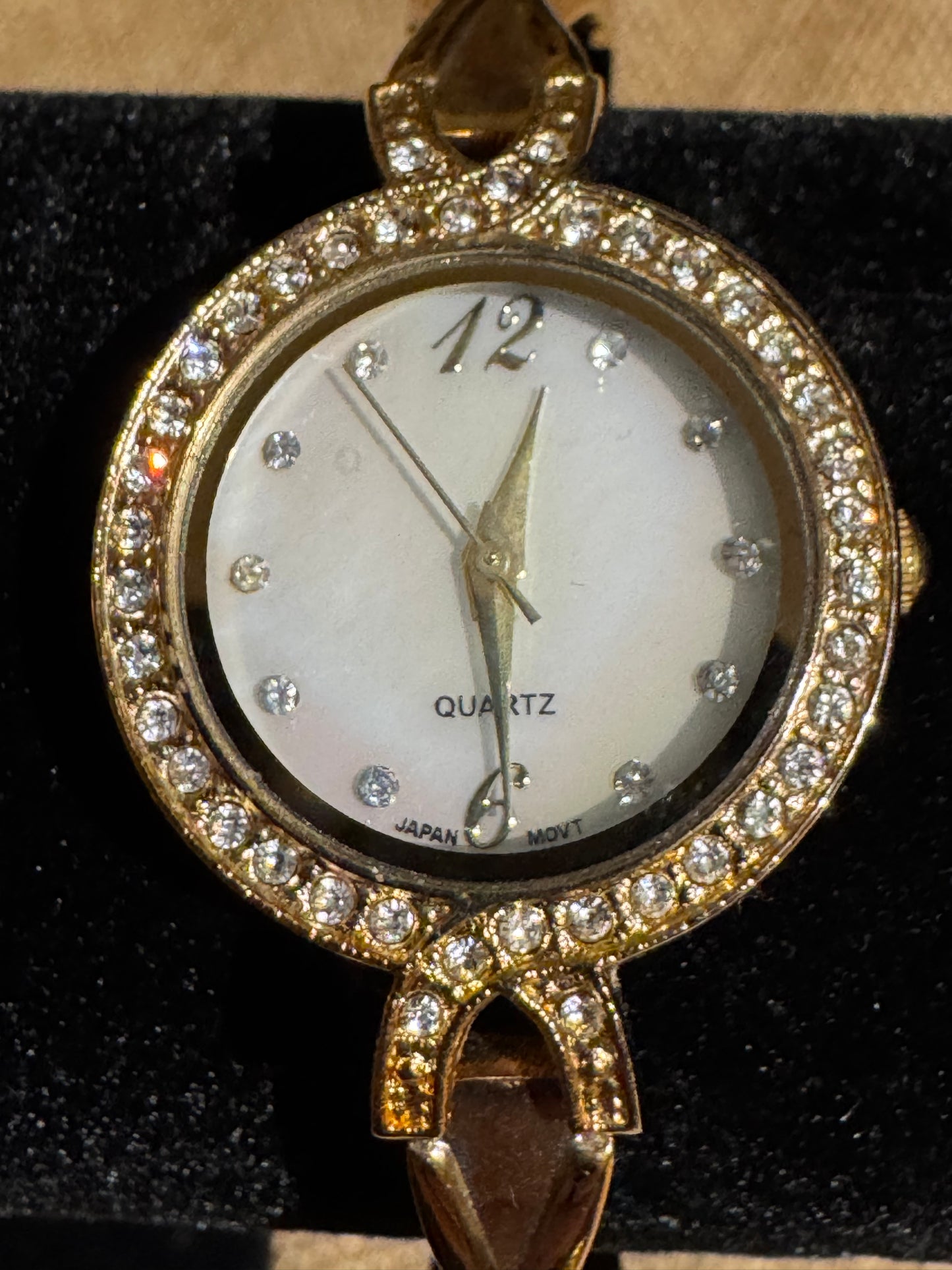 Vintage-Inspired Gold-Tone Crystal Bangle Watch — Mother-of-Pearl Dial