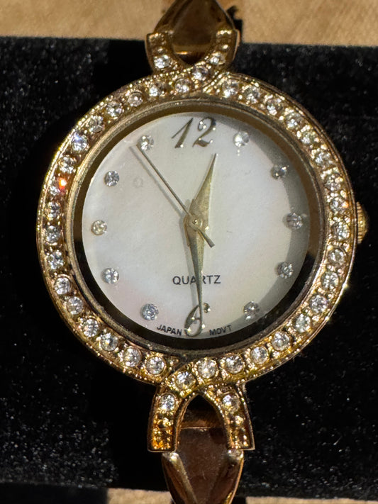 Vintage-Inspired Gold-Tone Crystal Bangle Watch — Mother-of-Pearl Dial
