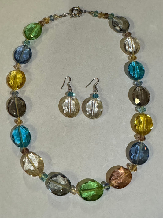 Multicolor Faceted Glass Bead Necklace and Earring Set — Statement Vintage Style