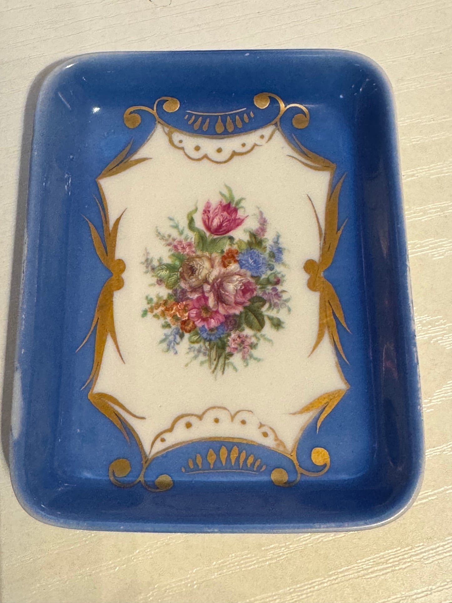 Limoges Porcelain Trinket Tray — Hand-Painted Floral Bouquet with Gold Cartouche, Mid-Century 1950s