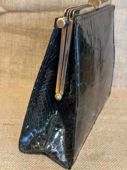 Vintage 1950s–1960s Green Crocodile/Alligator Skin Clutch — Gold-Tone Frame Evening Bag