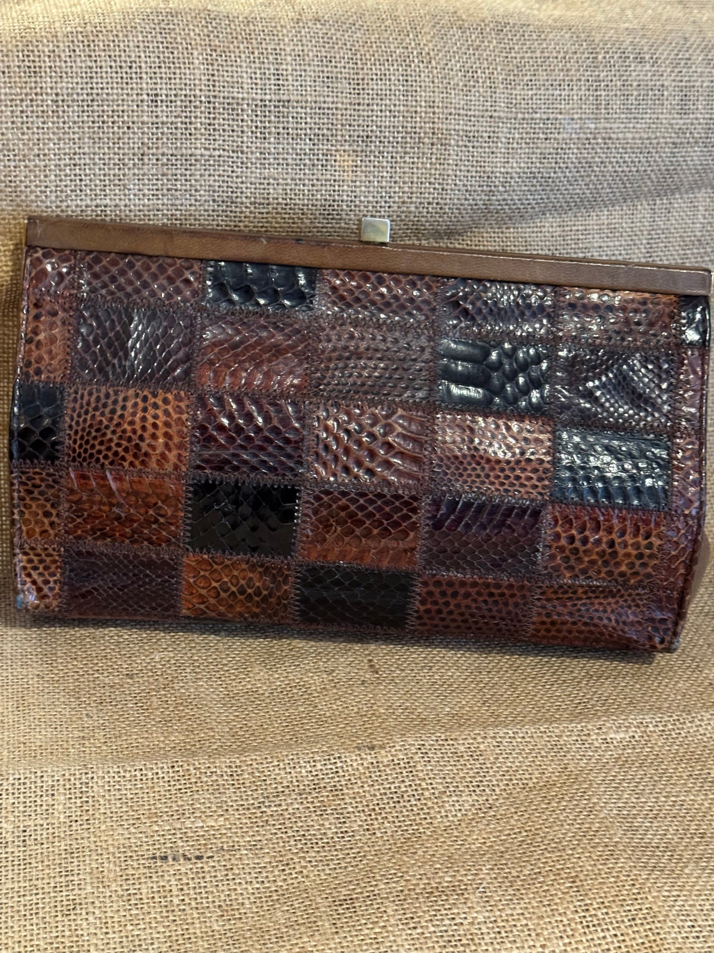 Vintage 1960s–1970s Patchwork Snakeskin Clutch — Exotic Leather Evening Bag