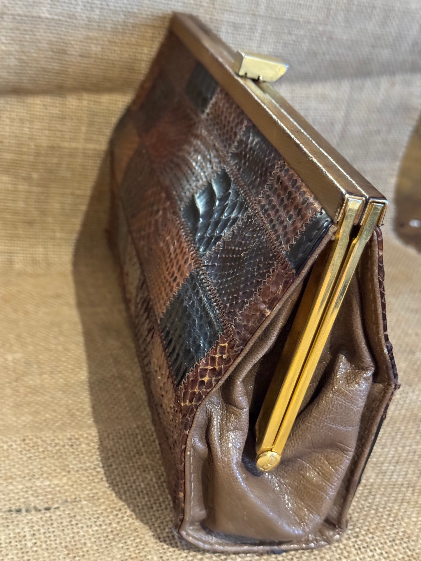 Vintage 1960s–1970s Patchwork Snakeskin Clutch — Exotic Leather Evening Bag
