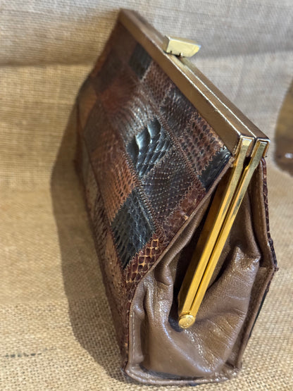 Vintage 1960s–1970s Patchwork Snakeskin Clutch — Exotic Leather Evening Bag