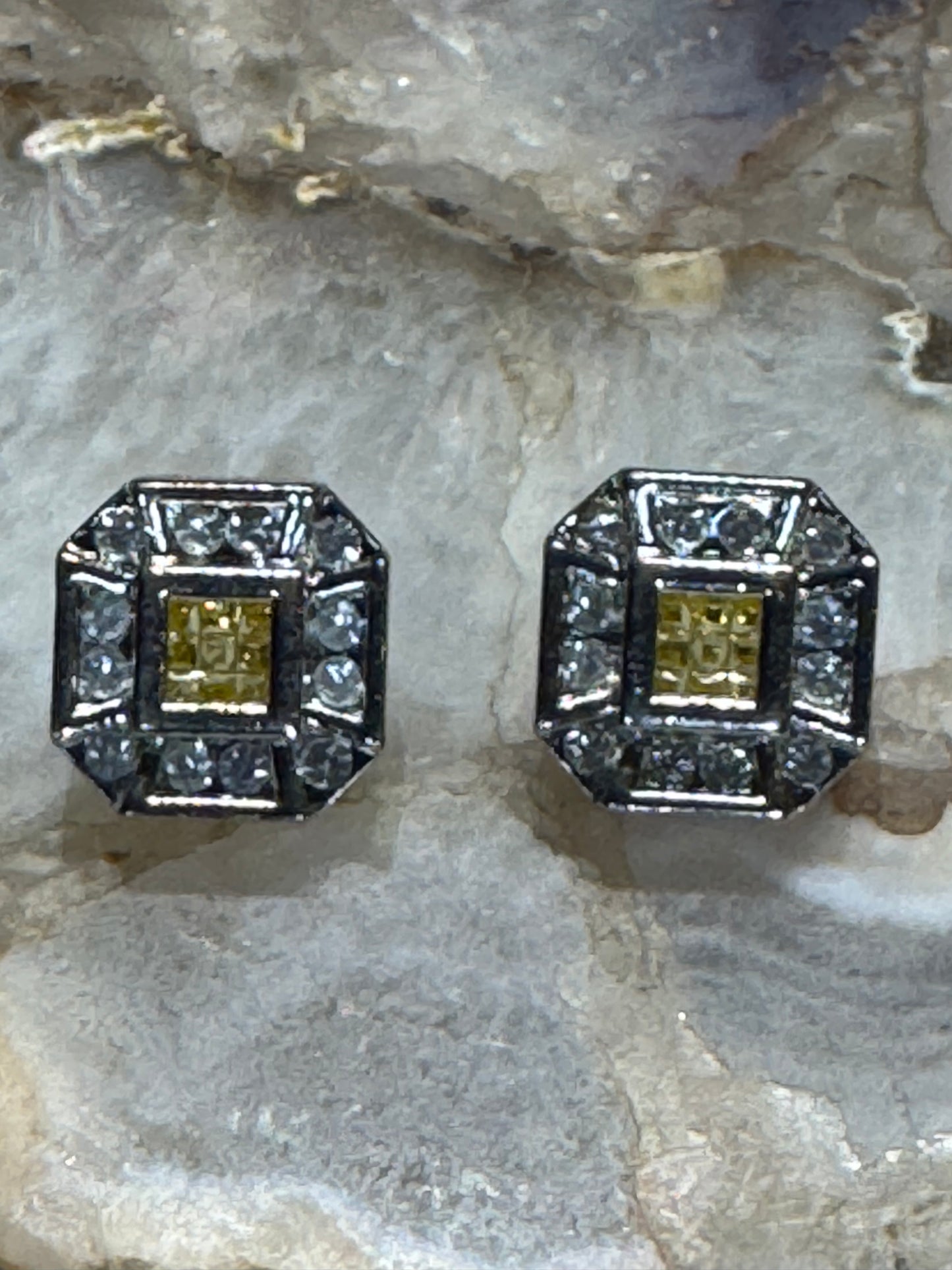 Vintage silver tone statement earrings with champagne and clear rhinestone crystals