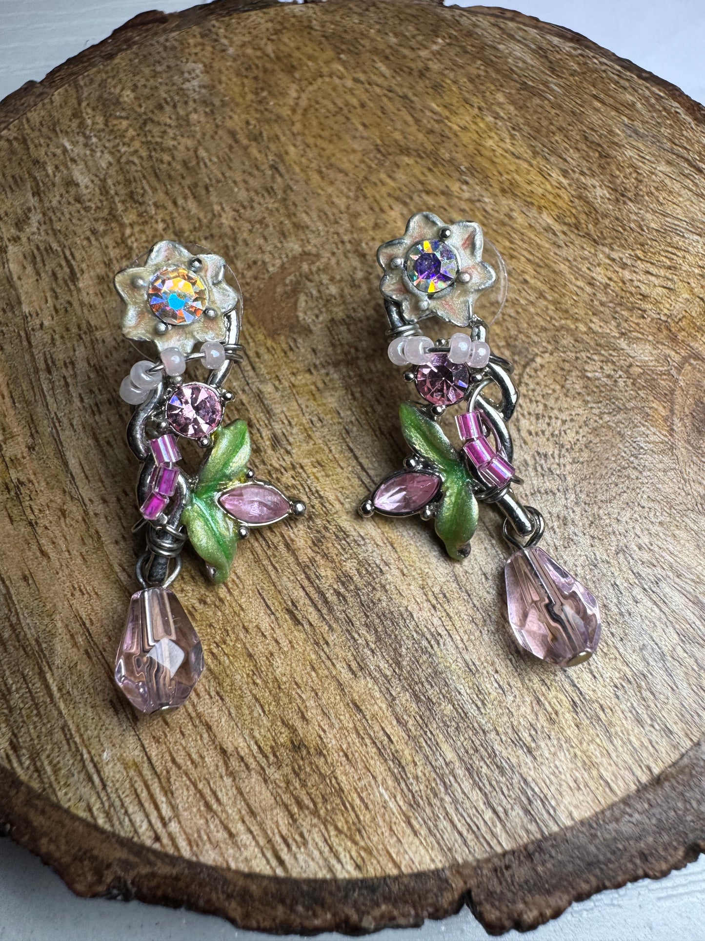 Vintage style statement earrings with pink and clear rhinestone crystals