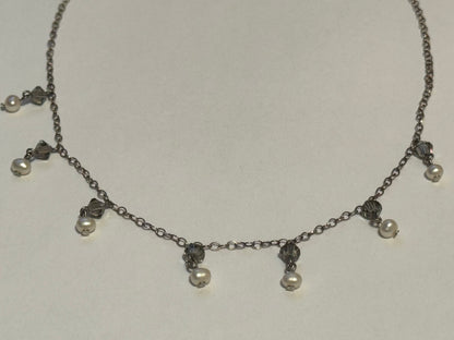 Sterling Silver Vintage Pearl and Smoky Quartz Dangle Necklace