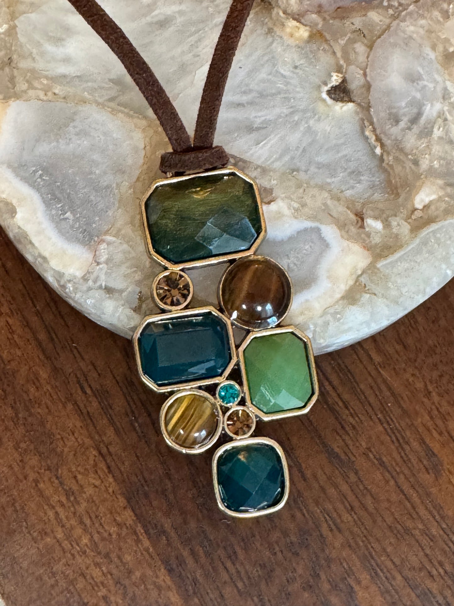 Lia Sophia "Patina" Necklace Featuring Multi-Stone Pendant - Brown Leather Strap