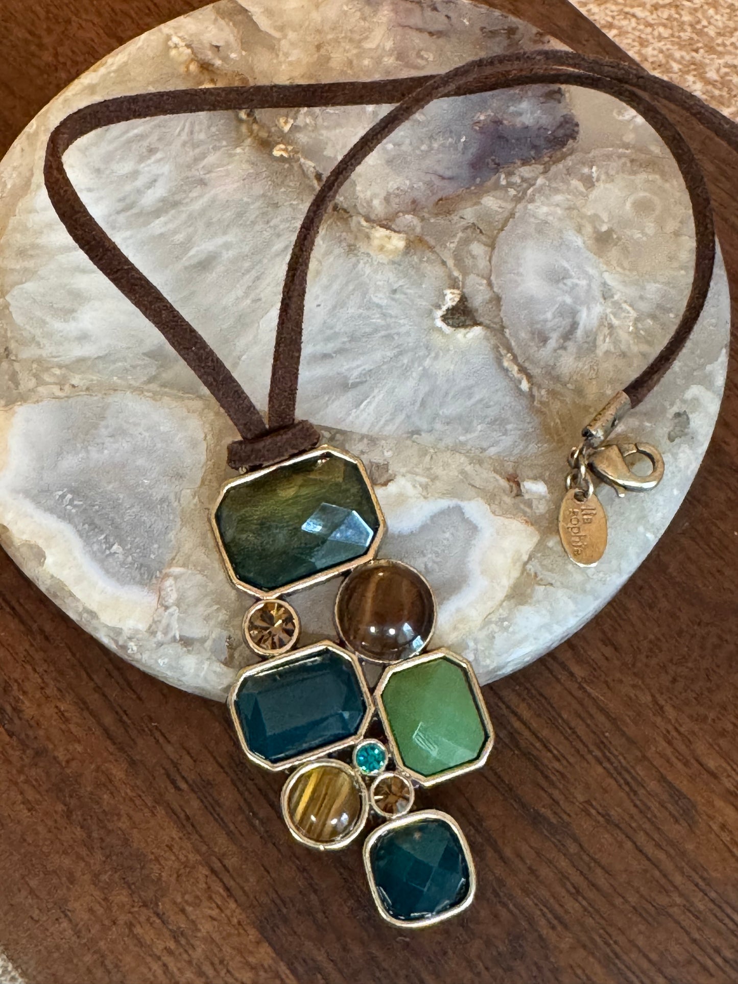 Lia Sophia "Patina" Necklace Featuring Multi-Stone Pendant - Brown Leather Strap