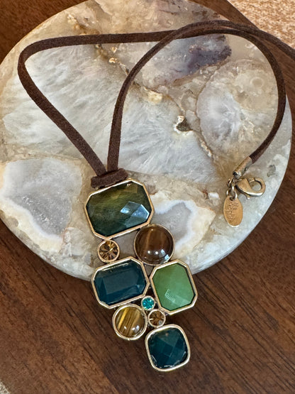 Lia Sophia "Patina" Necklace Featuring Multi-Stone Pendant - Brown Leather Strap