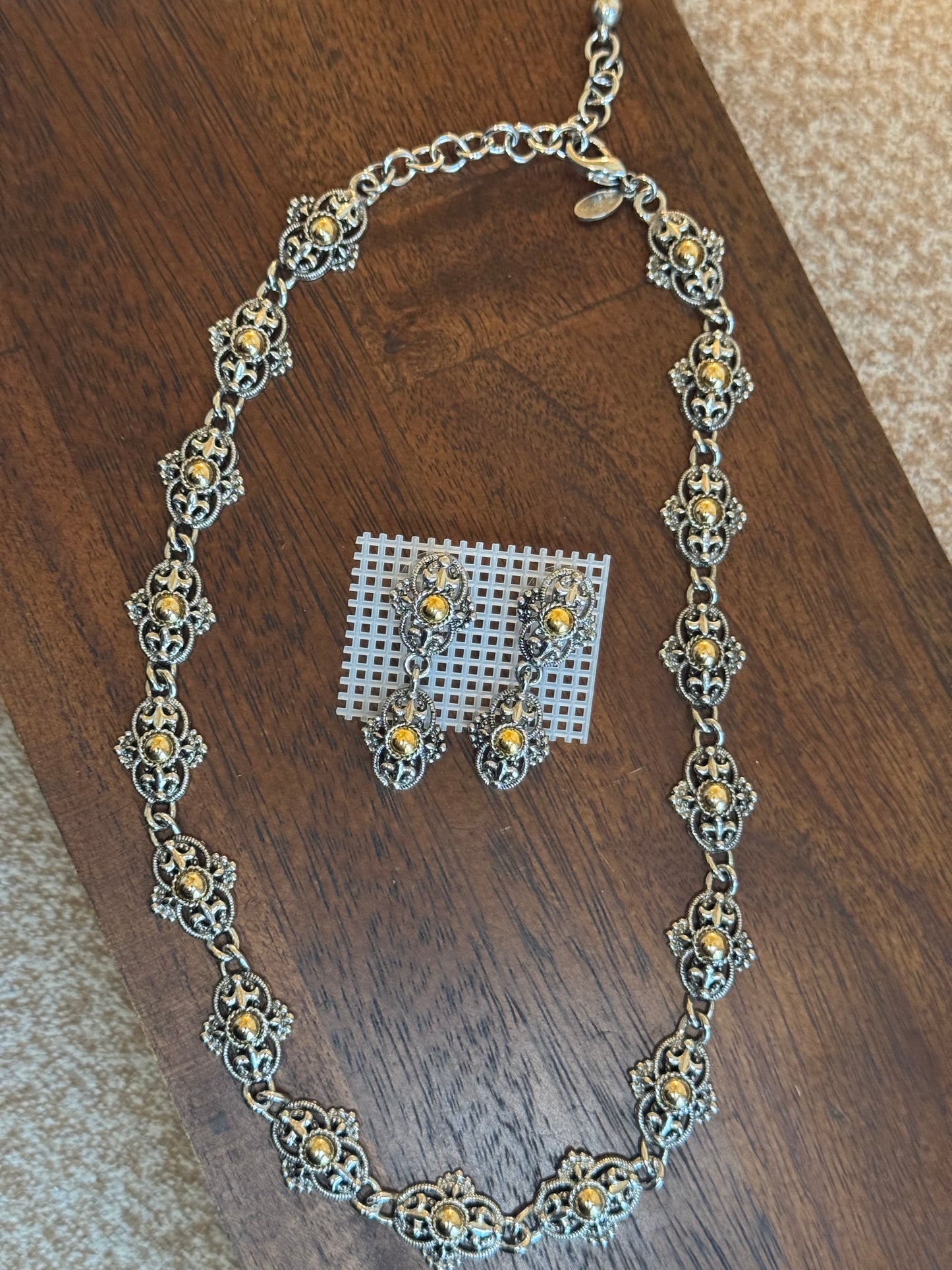Vintage Park Lane jewelry set features ornate, two-tone metalwork - necklace and earring pair