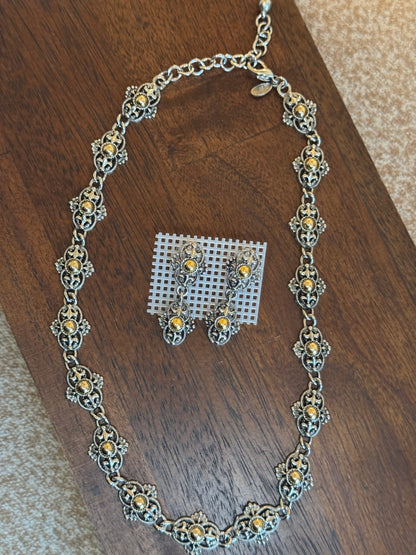 Vintage Park Lane jewelry set features ornate, two-tone metalwork - necklace and earring pair