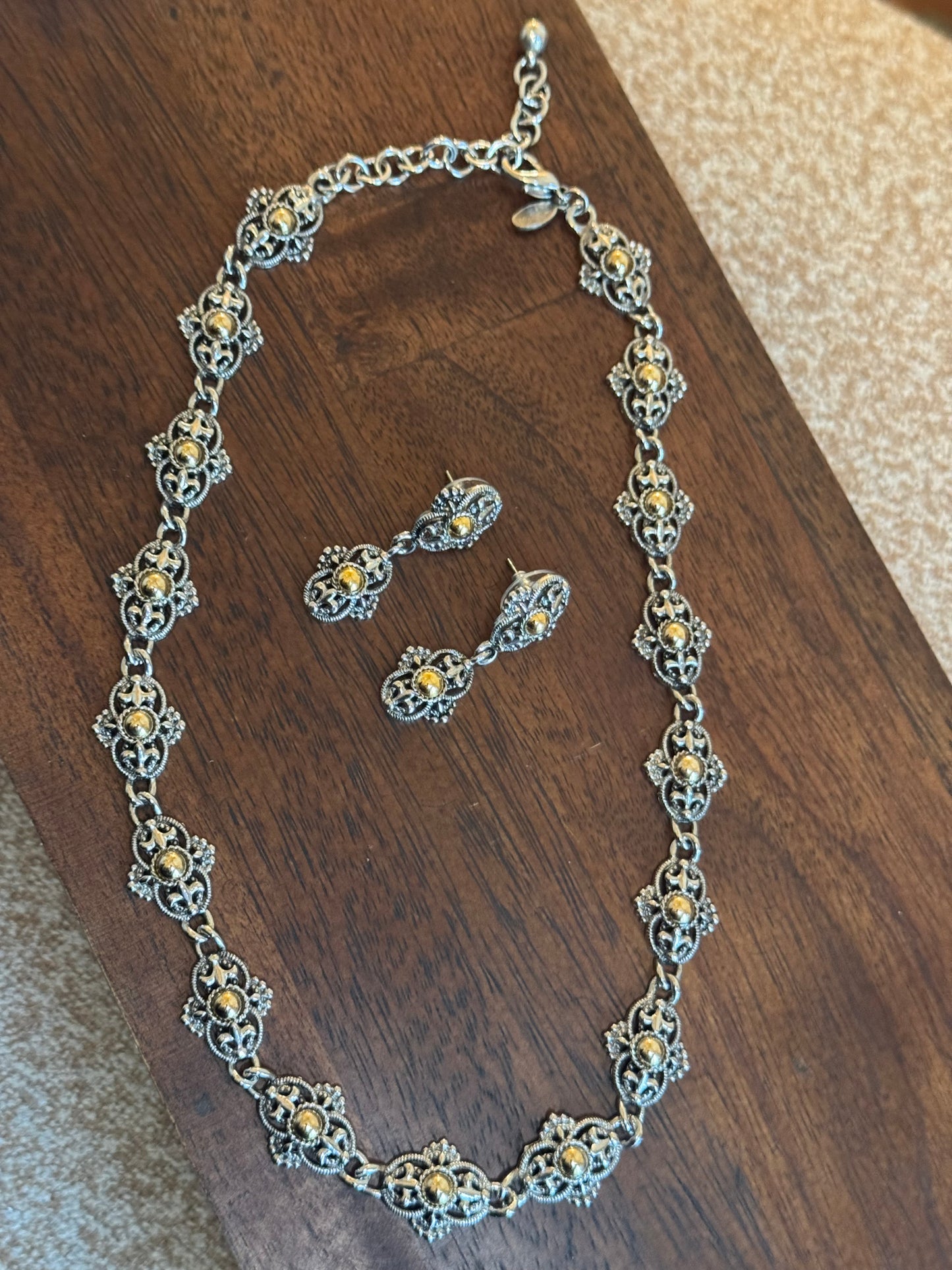 Vintage Park Lane jewelry set features ornate, two-tone metalwork - necklace and earring pair