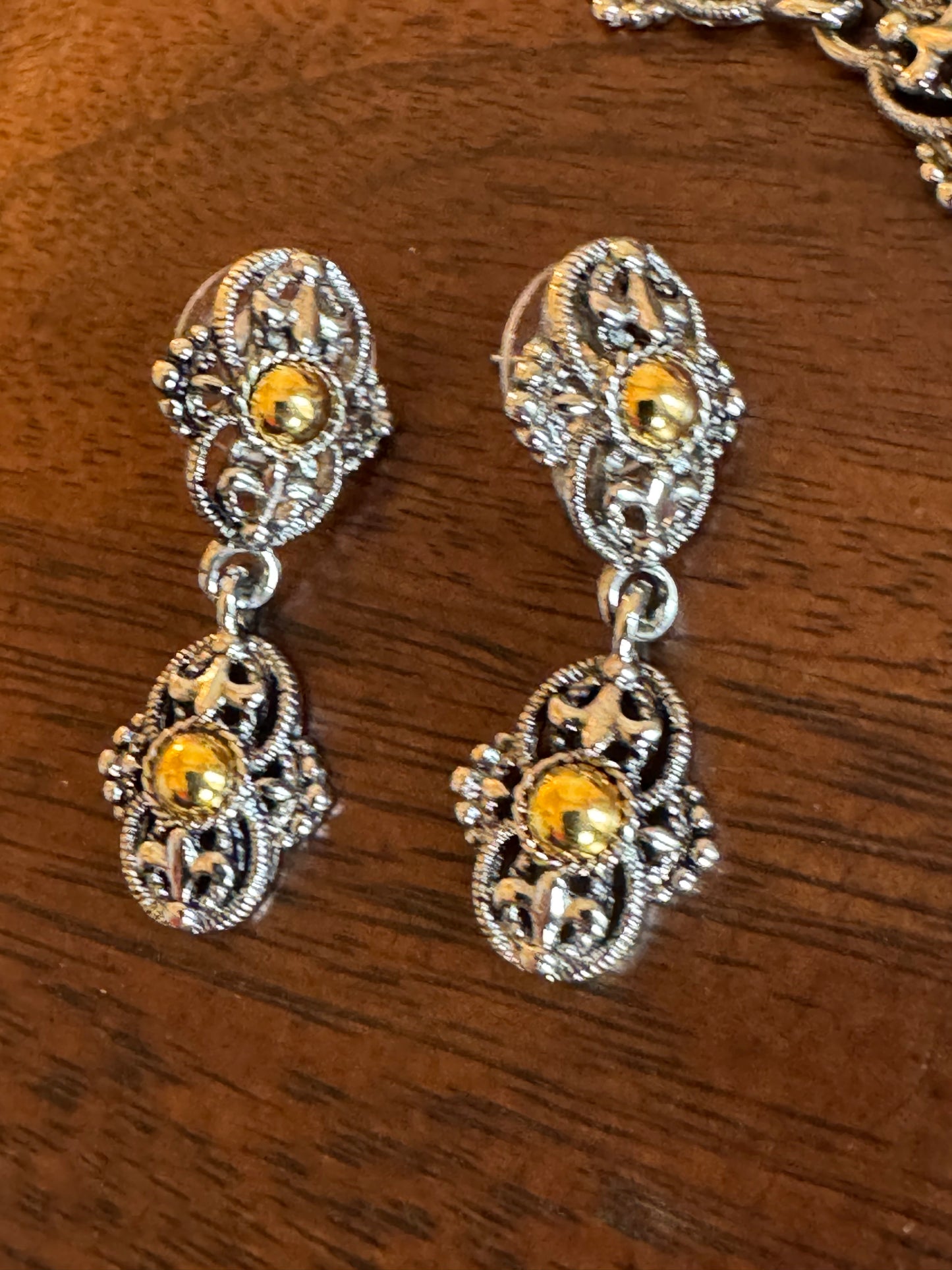Vintage Park Lane jewelry set features ornate, two-tone metalwork - necklace and earring pair