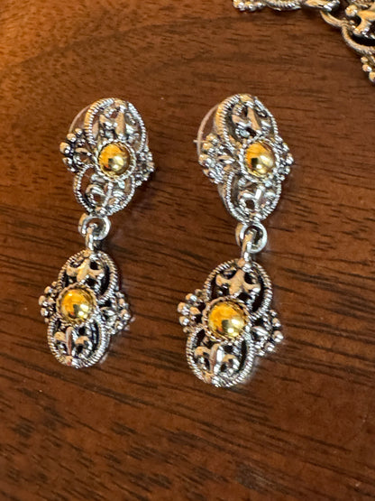 Vintage Park Lane jewelry set features ornate, two-tone metalwork - necklace and earring pair
