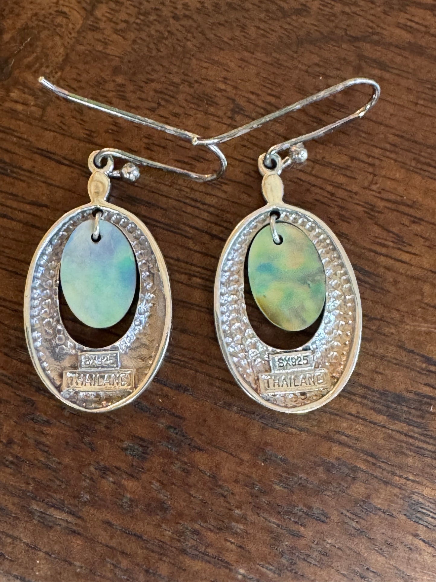 Vintage SX Sterling Silver Hammered Oval & Iridescent Abalone Drop Earrings