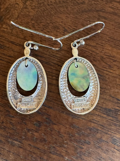 Vintage SX Sterling Silver Hammered Oval & Iridescent Abalone Drop Earrings