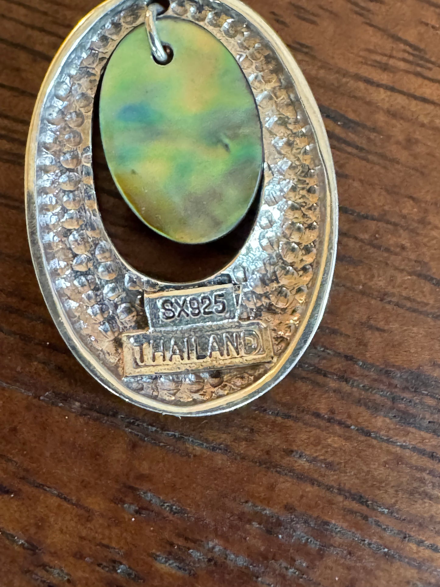 Vintage SX Sterling Silver Hammered Oval & Iridescent Abalone Drop Earrings