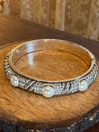 Vintage signed Brighton "Pearl Magic" silver-plated hinged bangle bracelet featuring faux pearls and clear crystals
