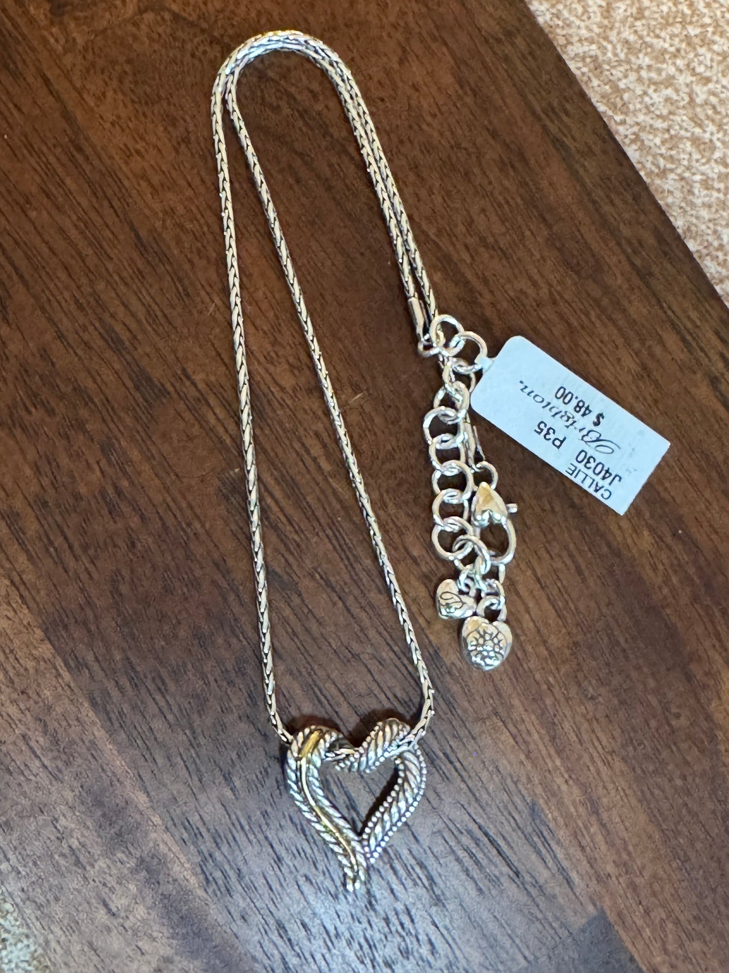 "Modern Vintage Style" Brighton "Callie" Mixed-Metal Heart Pendant Necklace — Two-Tone Twisted Rope Ribbon Design