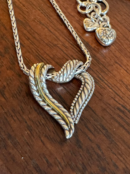 "Modern Vintage Style" Brighton "Callie" Mixed-Metal Heart Pendant Necklace — Two-Tone Twisted Rope Ribbon Design