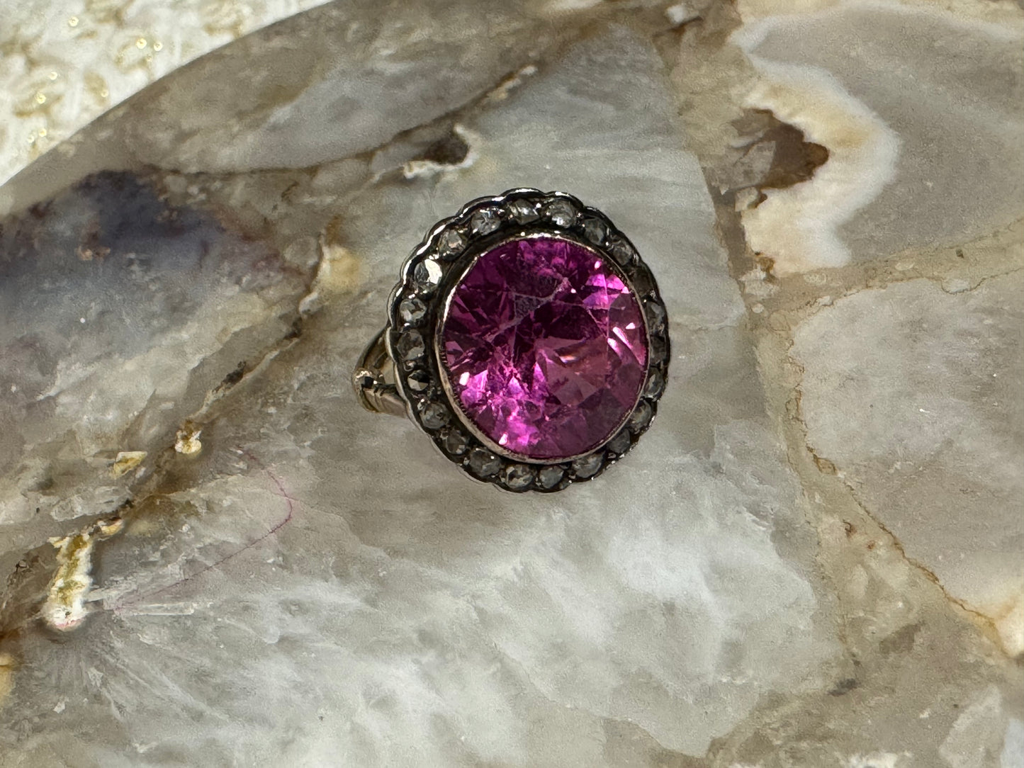 Antique Pink Gemstone and Diamond Cluster Ring - Size 5
