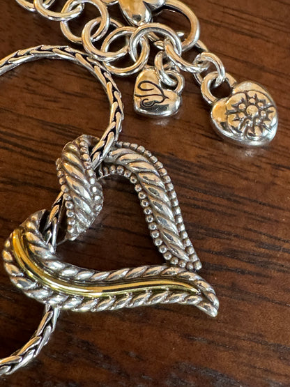 "Modern Vintage Style" Brighton "Callie" Mixed-Metal Heart Pendant Necklace — Two-Tone Twisted Rope Ribbon Design