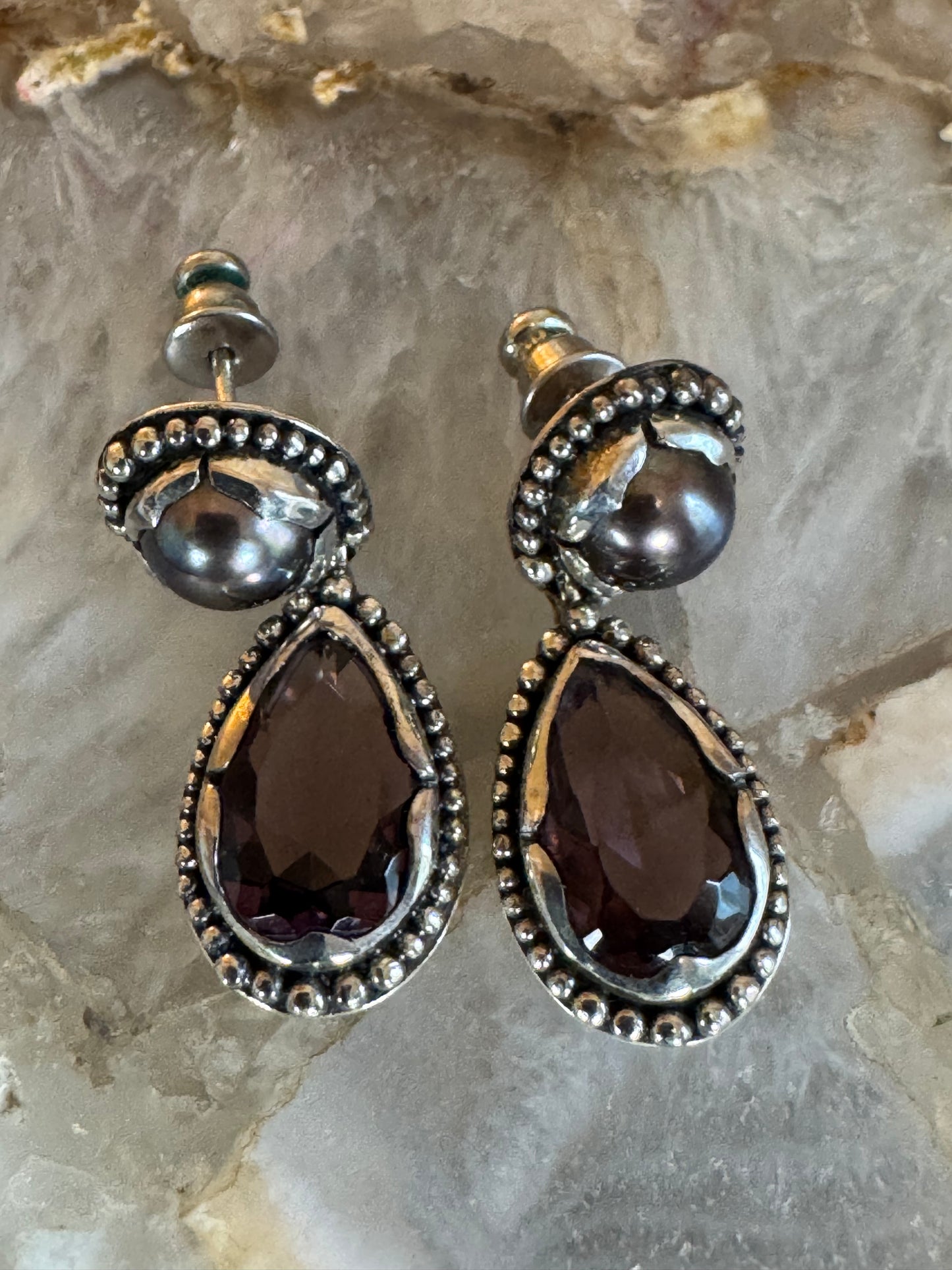 Vintage Janice Girardi Sterling Silver Amethyst & Pearl Drop Earrings ✨