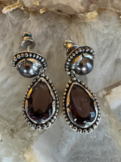 Vintage Janice Girardi Sterling Silver Amethyst & Pearl Drop Earrings ✨