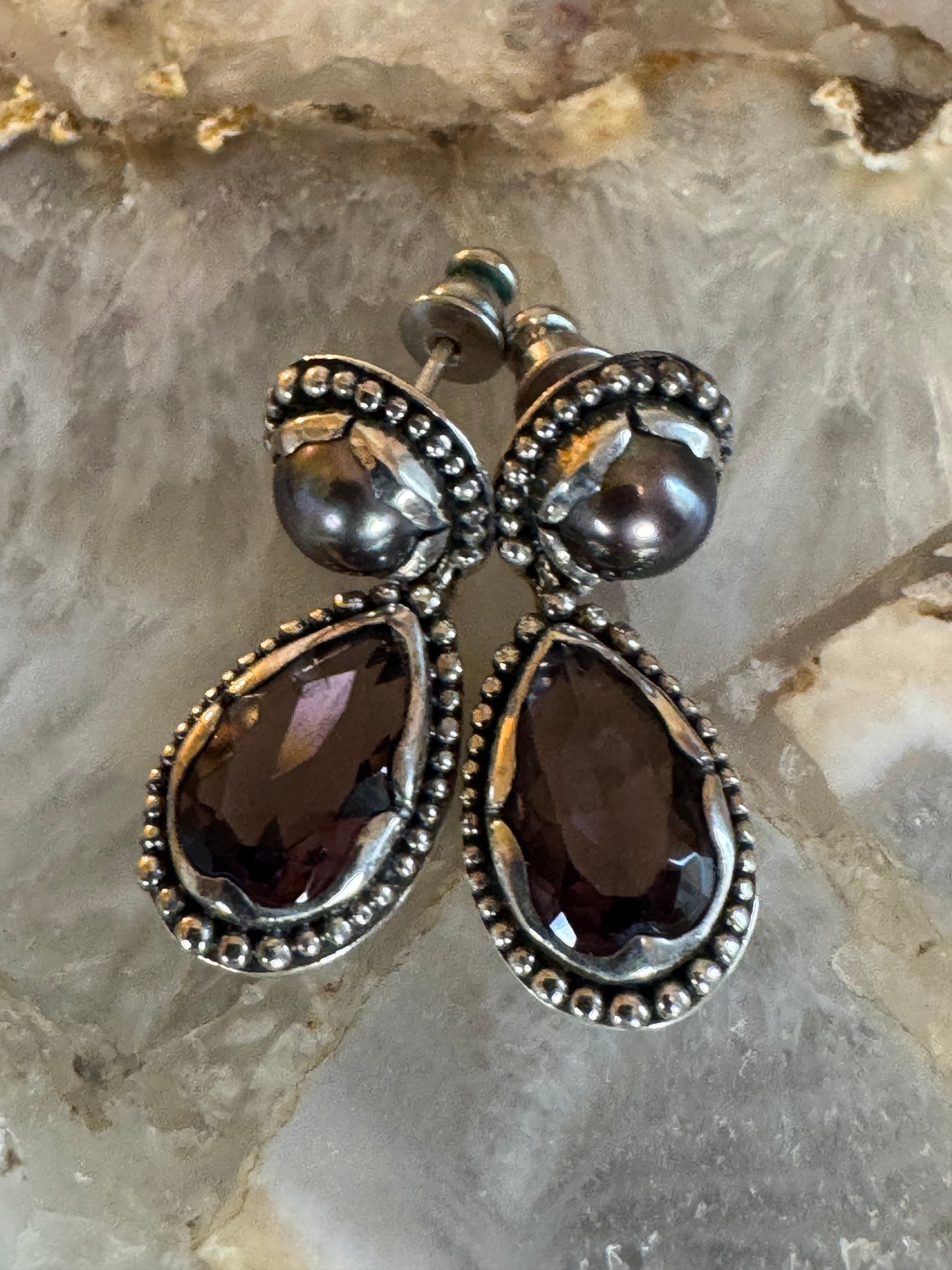 Vintage Janice Girardi Sterling Silver Amethyst & Pearl Drop Earrings ✨