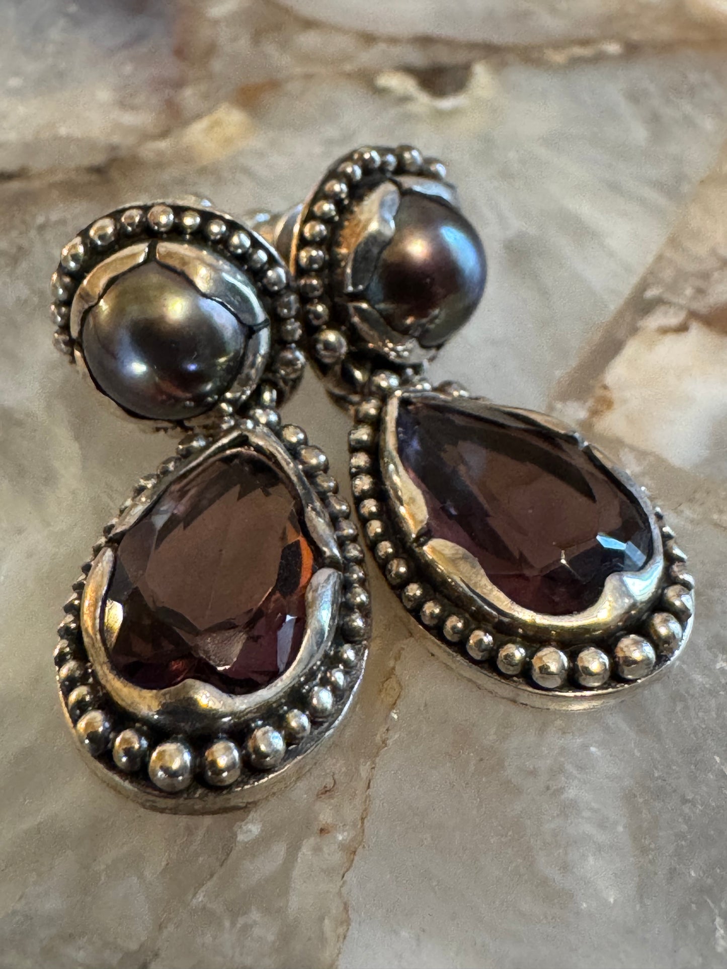 Vintage Janice Girardi Sterling Silver Amethyst & Pearl Drop Earrings ✨