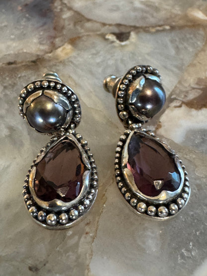 Vintage Janice Girardi Sterling Silver Amethyst & Pearl Drop Earrings ✨