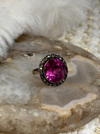 Antique Pink Gemstone and Diamond Cluster Ring - Size 5