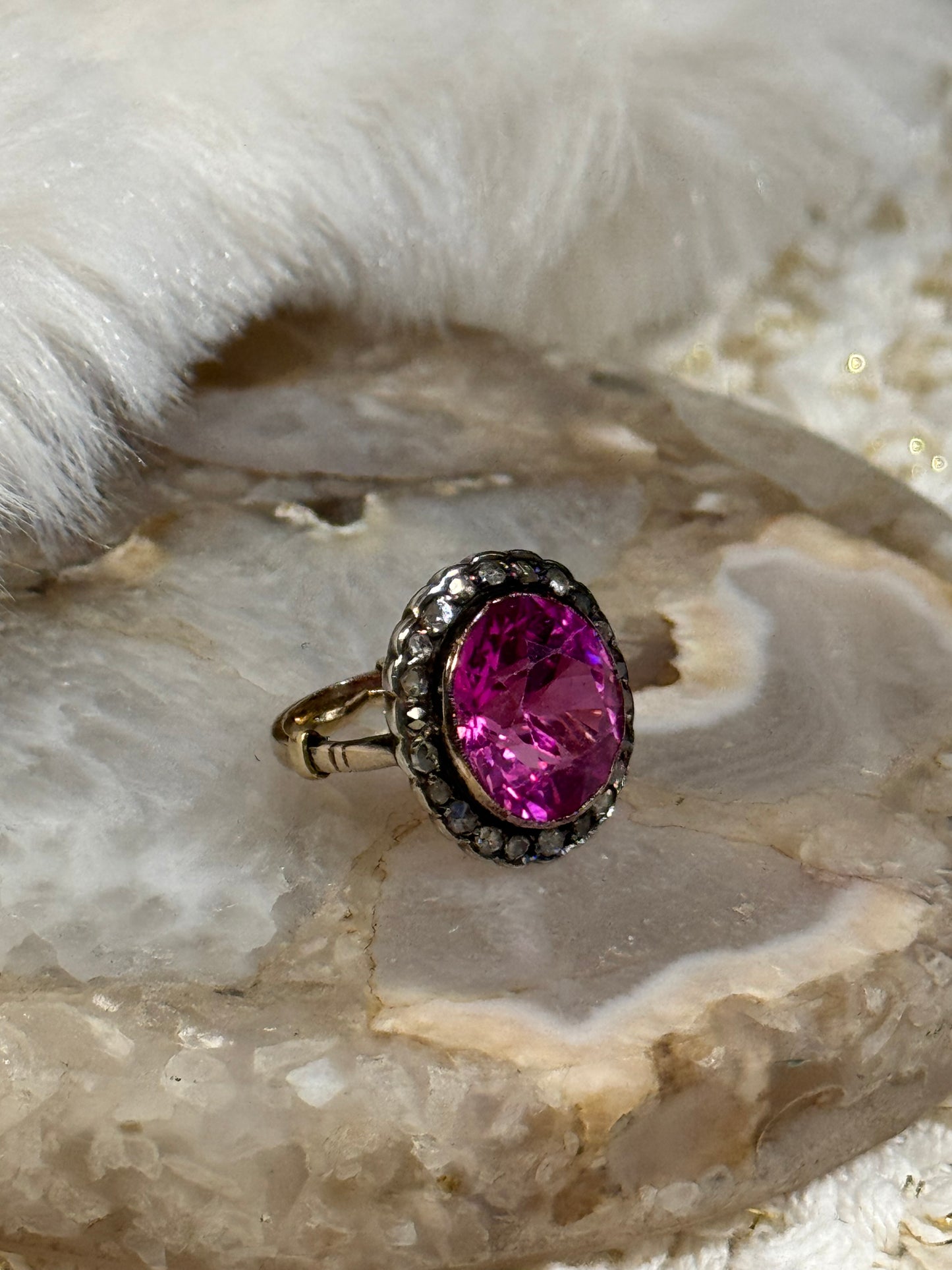 Antique Pink Gemstone and Diamond Cluster Ring - Size 5