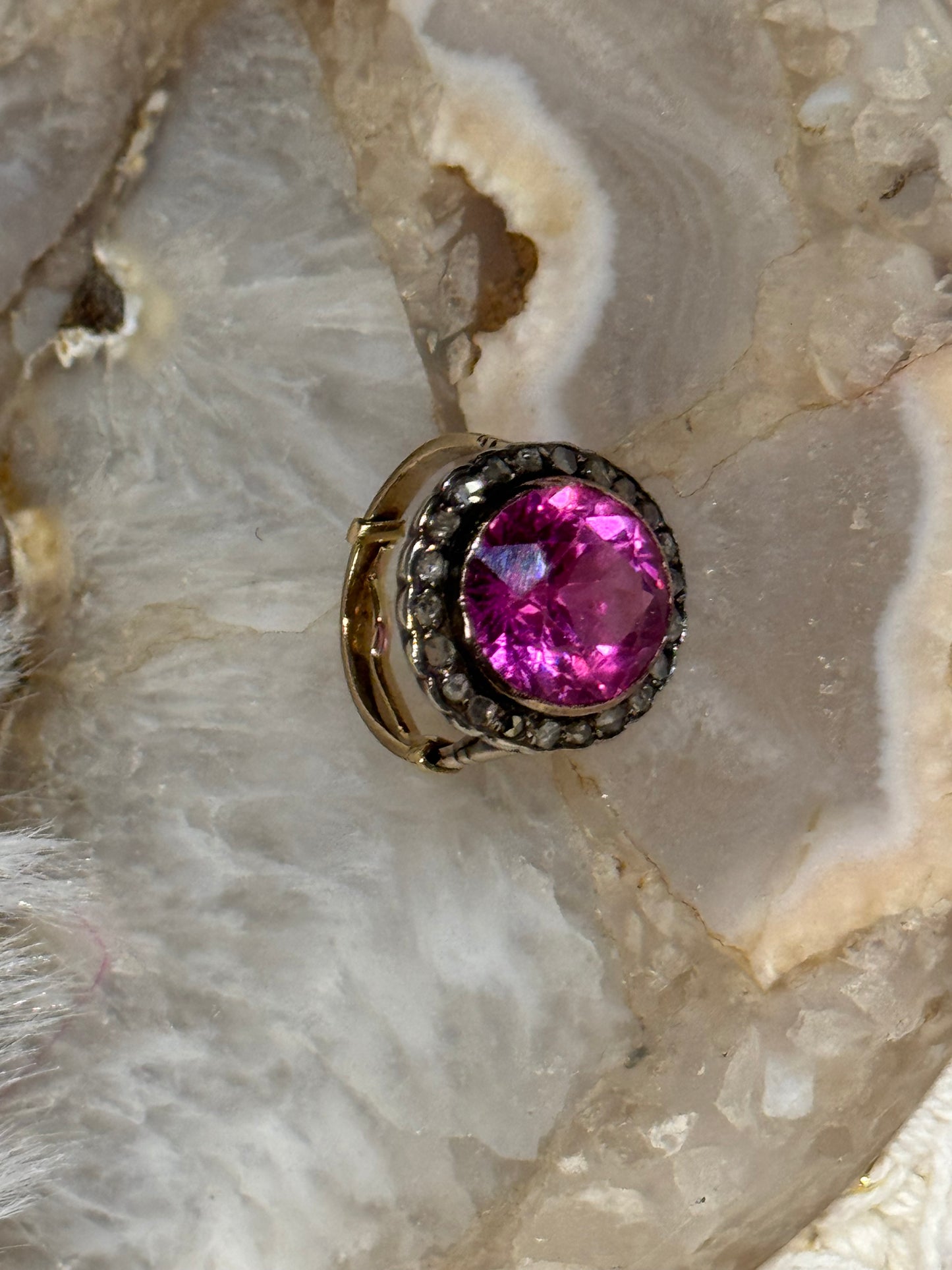 Antique Pink Gemstone and Diamond Cluster Ring - Size 5