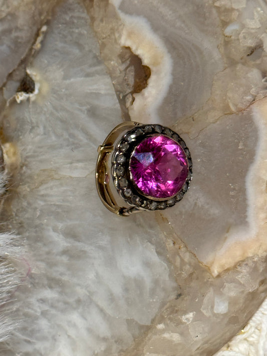 Antique Pink Gemstone and Diamond Cluster Ring - Size 5