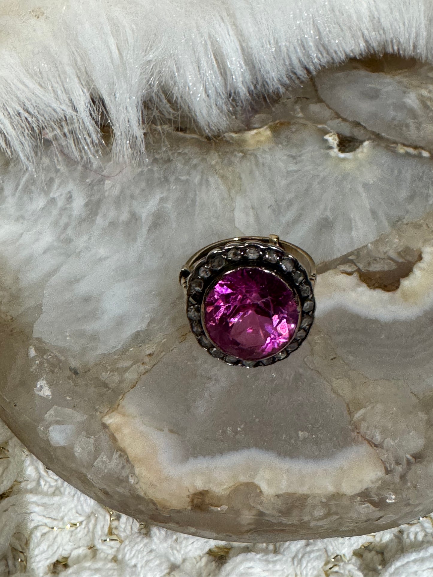 Antique Pink Gemstone and Diamond Cluster Ring - Size 5