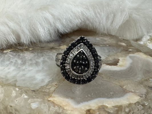 Vintage Black & White Diamond Pear Cluster Ring in Sterling Silver - Size 7.5
