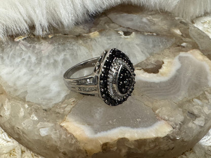 Vintage Black & White Diamond Pear Cluster Ring in Sterling Silver - Size 7.5