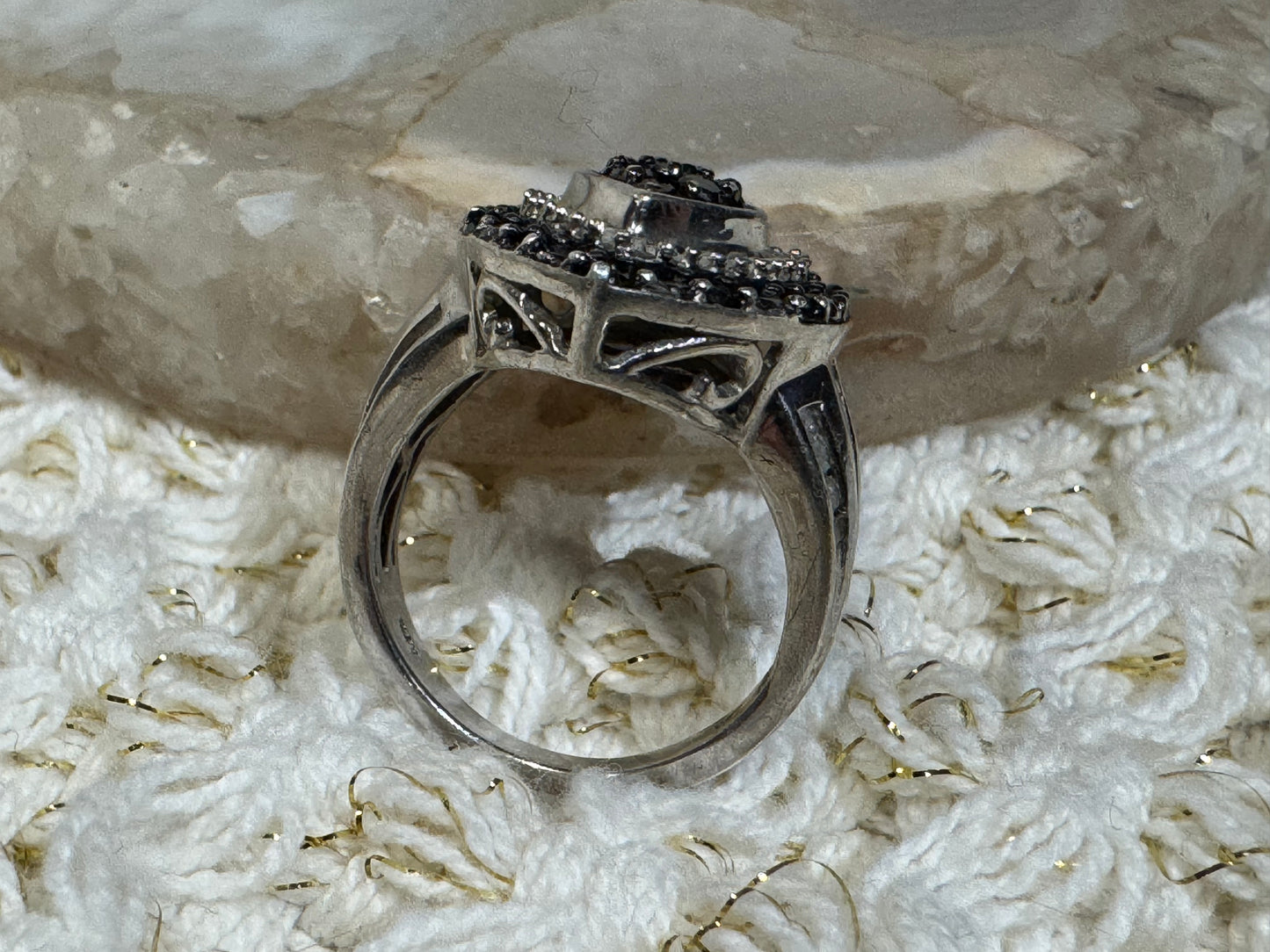 Vintage Black & White Diamond Pear Cluster Ring in Sterling Silver - Size 7.5