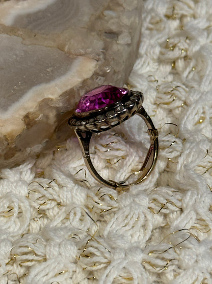 Antique Pink Gemstone and Diamond Cluster Ring - Size 5