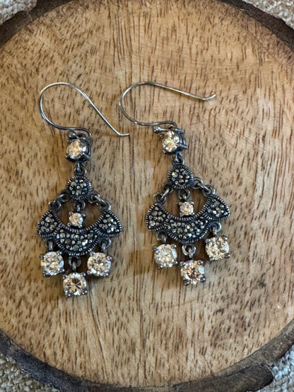 Vintage Art Deco Style Sterling Silver 925 Marcasite & CZ Chandelier Dangle Earrings