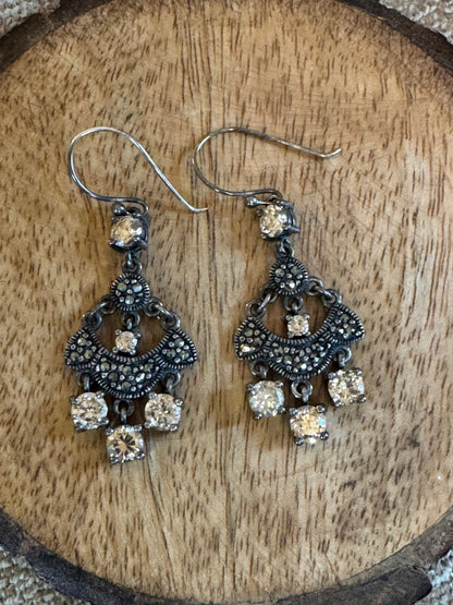 Vintage Art Deco Style Sterling Silver 925 Marcasite & CZ Chandelier Dangle Earrings