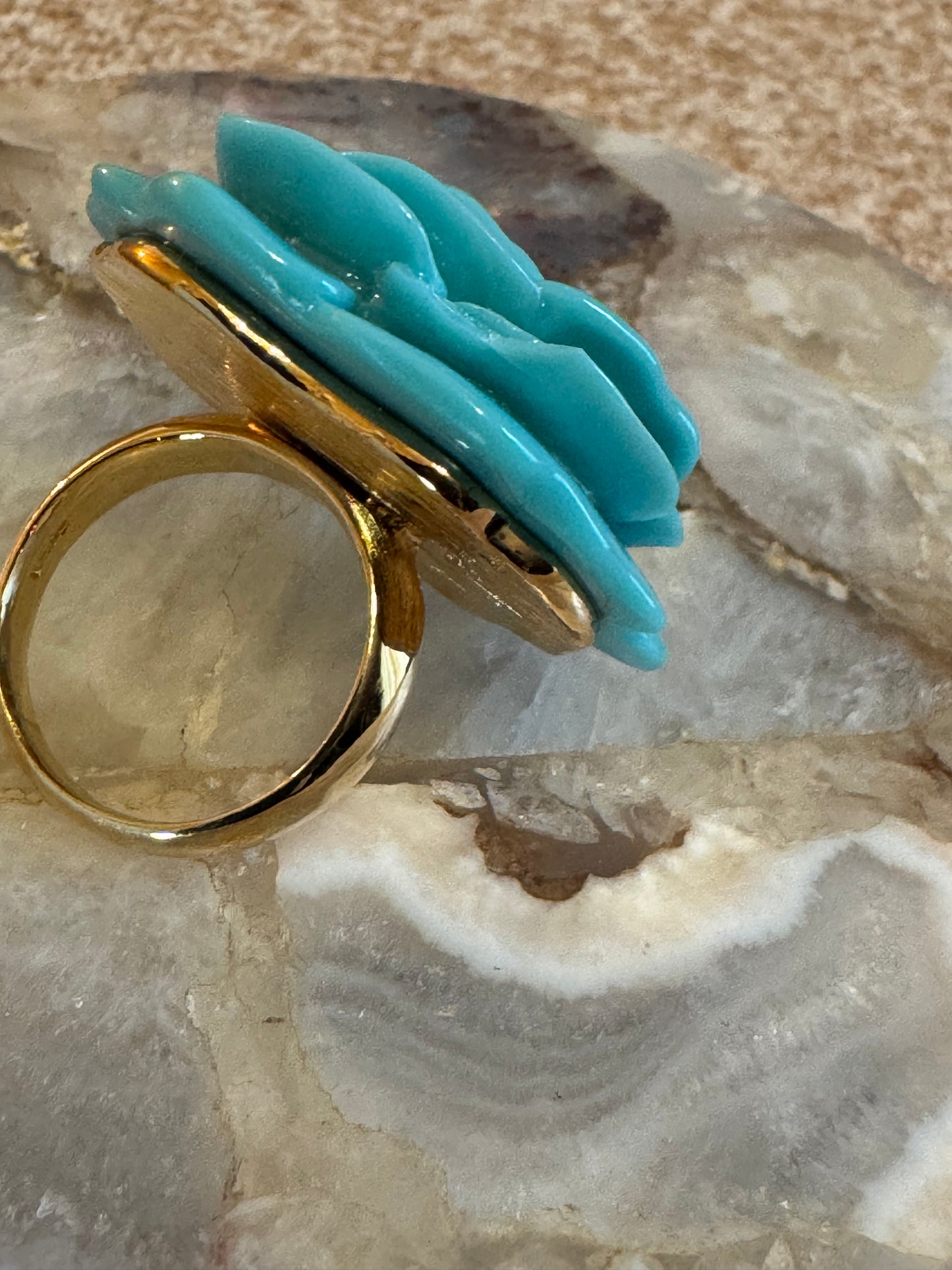 Vintage Kenneth Jay Lane KJL Turquoise Resin Wild Rose Cocktail Statement Ring – Signed