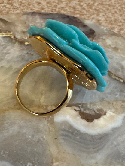 Vintage Kenneth Jay Lane KJL Turquoise Resin Wild Rose Cocktail Statement Ring – Signed